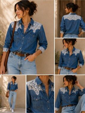 Vintage Express Rider Western Denim Shirt Toile Yoke 90s Unisex Cowboy Cowgirl